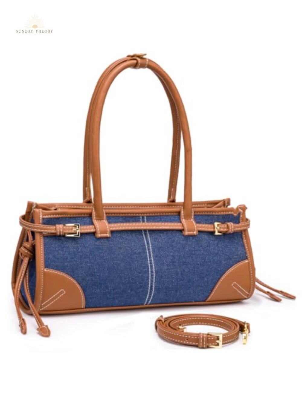Faux Leather & Denim Crossbody Shoulder Bag Baguette Purse Detachable Strap